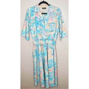CALICHE Vintage1980s Blue, Peach and White  Print Floral Print House Dress